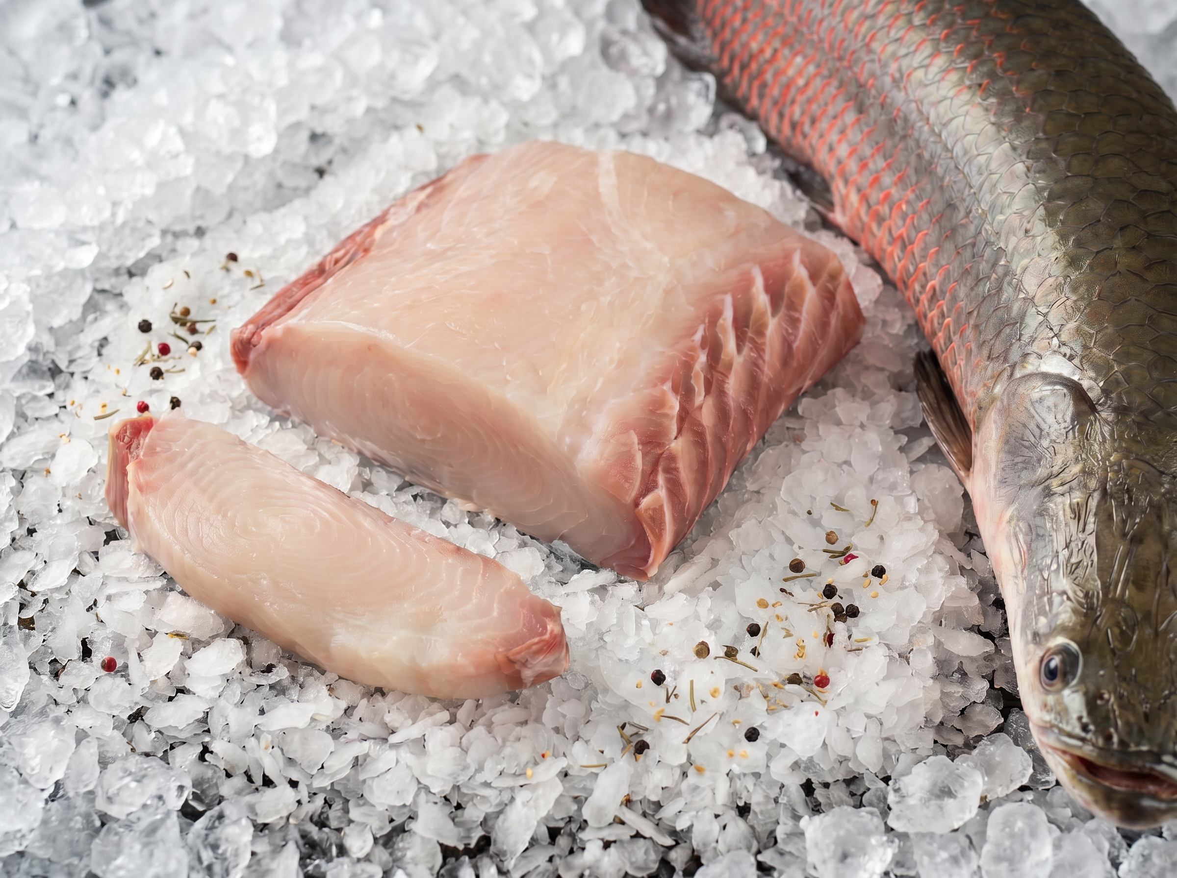 Seleção de peixes frescos — pirarucu, atum, pescada e tilápia
